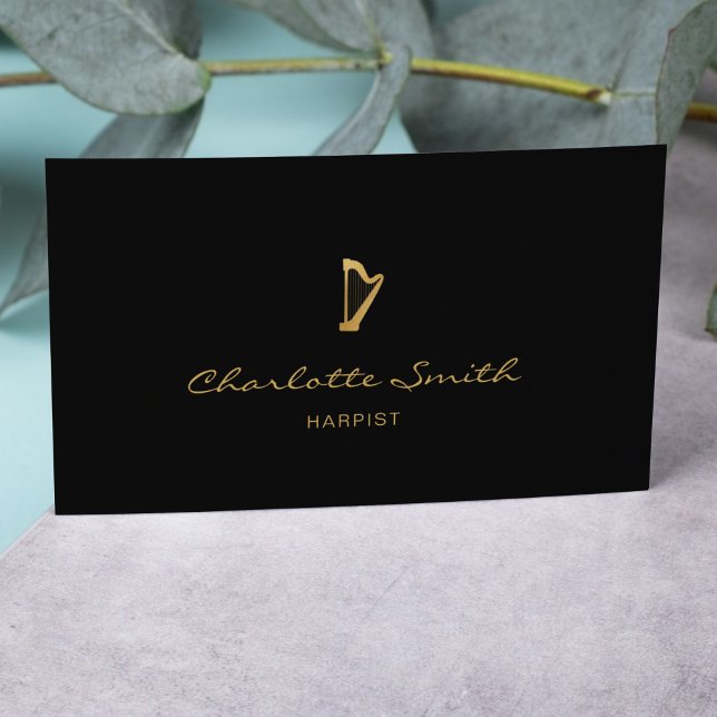 Cartão De Visita Músico profissional Dourado e negro de Harp Elegan (Criador carregado)
