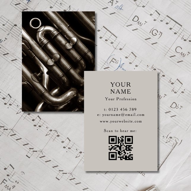 Cartão De Visita Músicos de Tuba (Musicians fully customizable Business Card in black and white, composers, singers, woodwind, bands)
