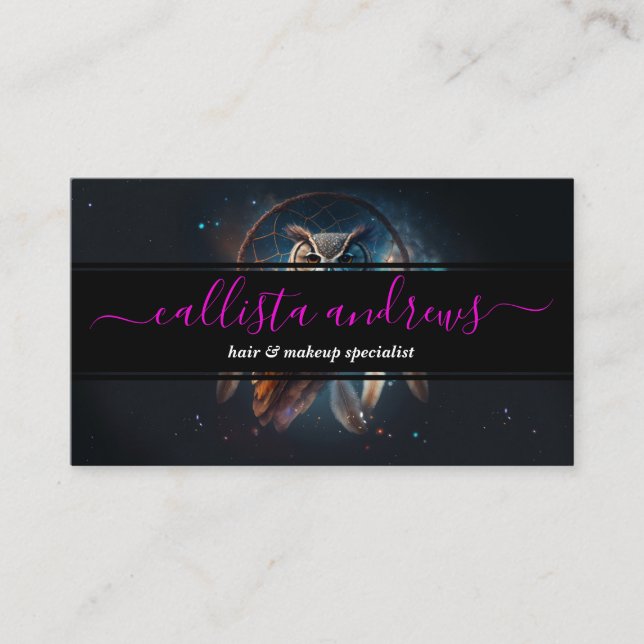 Cartão De Visita Mystical Space Owl with Dreamcatcher Art (Frente)