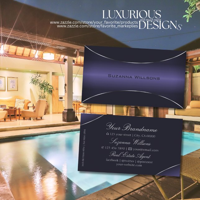 Cartão De Visita Na moda Azul Escuro com Borda Prateada Capturando  (Criador carregado)