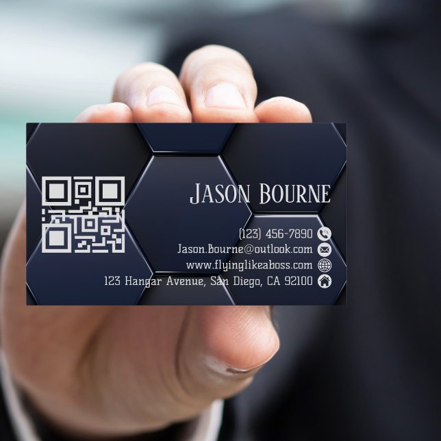 Cartão De Visita Na moda azul moderno branco, código QR profissiona (Criador carregado)