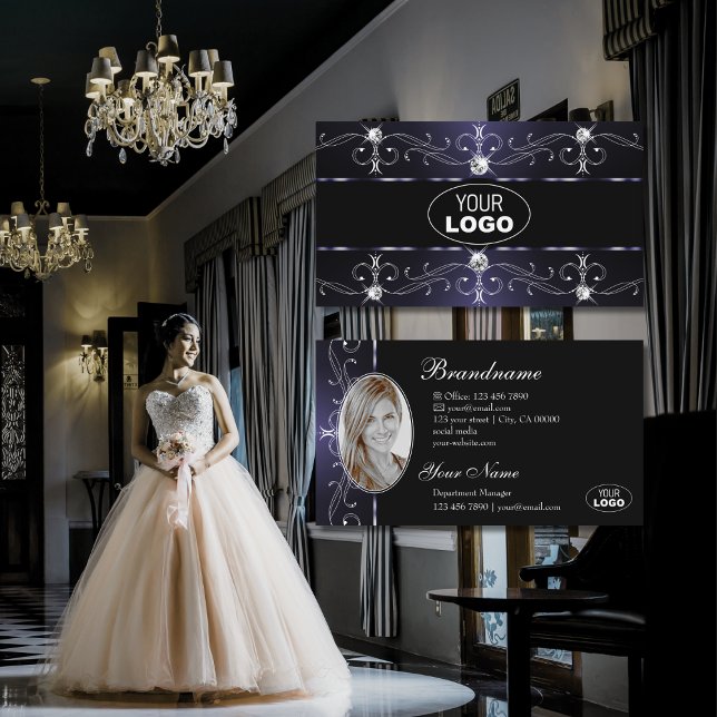 Cartão De Visita Na moda Black Dark Blue Ornamentado Borders Logoti (Criador carregado)