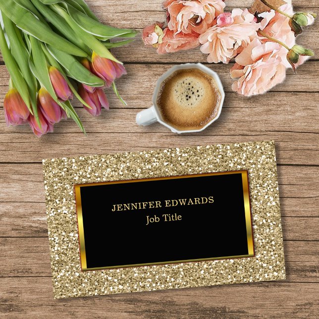 Cartão De Visita Na moda brilhante de ouro Dourado moderno (Modern Gold Glitter, black gold frame, stylish professional Business Card.)