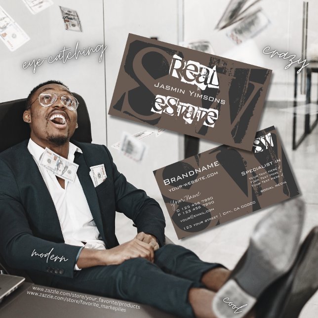 Cartão De Visita Na moda Brown Cinza e White com Iniciais Modernos (Criador carregado)