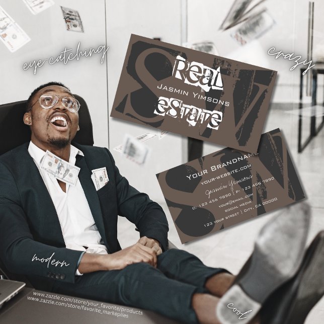 Cartão De Visita Na moda Brown Cinza e White com Monograma Moderno (Criador carregado)