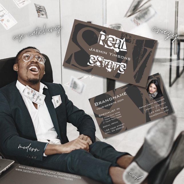 Cartão De Visita Na moda Brown Cinza White com Foto e Monograma (Criador carregado)