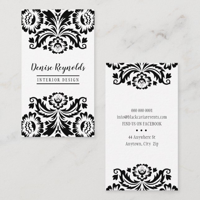 Cartão De Visita NA MODA BUSINESS elegante bonito damask preto bran (Frente/Verso)