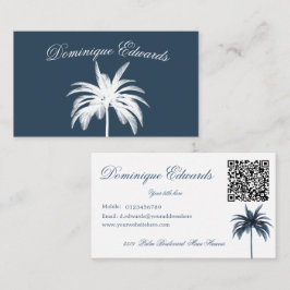 Cartão De Visita Na moda de árvore palma tropical azul branco QR ne