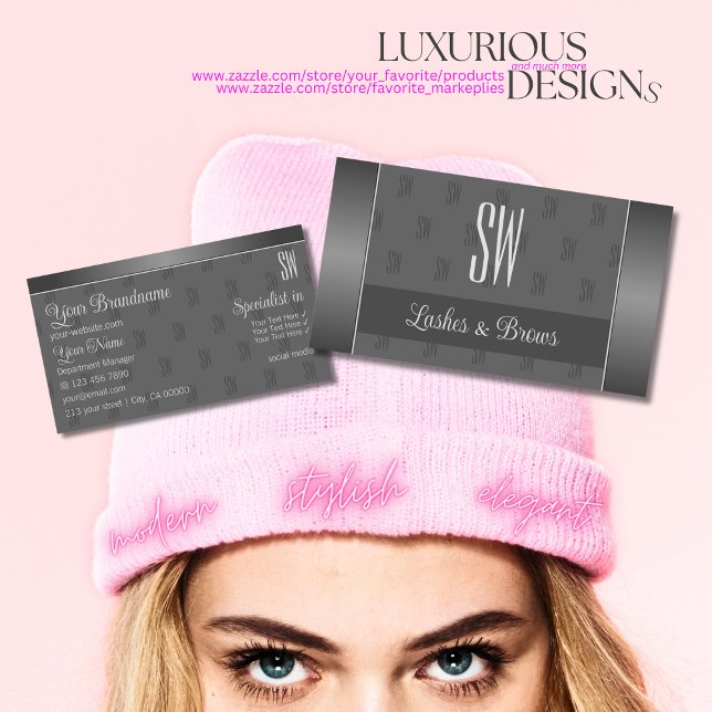 Cartão De Visita Na moda de Cinza de Prata Moderna com Monograma e  (Criador carregado)