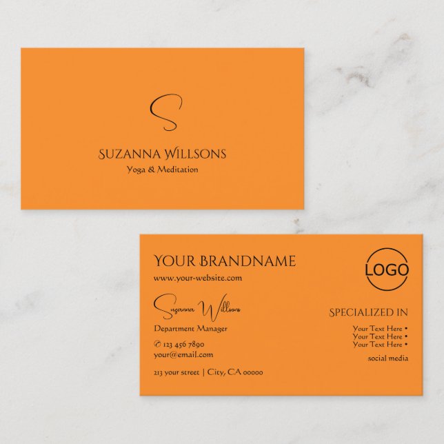 Cartão De Visita Na moda em laranja comum com Monograma e Logotipo  (Frente/Verso)