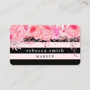 Cartão De Visita Na moda floral - artista de listas cor-de-rosa