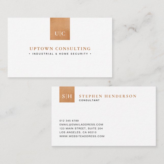 Cartão De Visita Na moda Luxury Foil de Cobre e Branco (Frente/Verso)