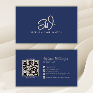 Cartão De Visita Na moda Moderno Monograma Código QR Marinho Mínimo