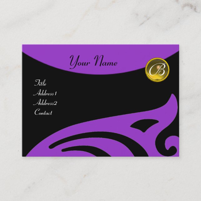 Cartão De Visita NA MODA MONOGRAMA AMARELO TOPAZ, violeta roxa (Frente)