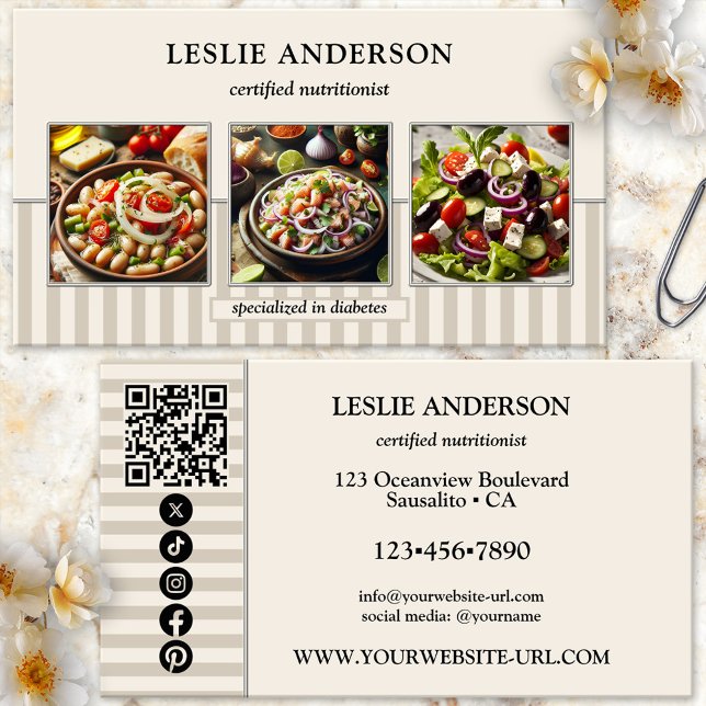 Cartão De Visita Na moda Photo Dietitian Nutritionist Health Coach (Dietitian or nutritionist business card featuring your photos framed by a stylish tan striped design)