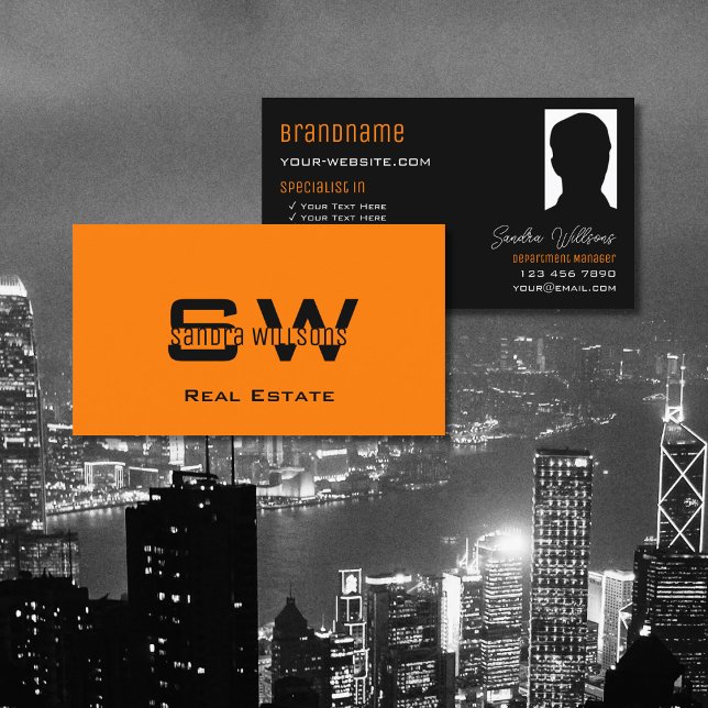 Cartão De Visita Na moda, preto-de-laranja-claro, com monograma e f (Criador carregado)