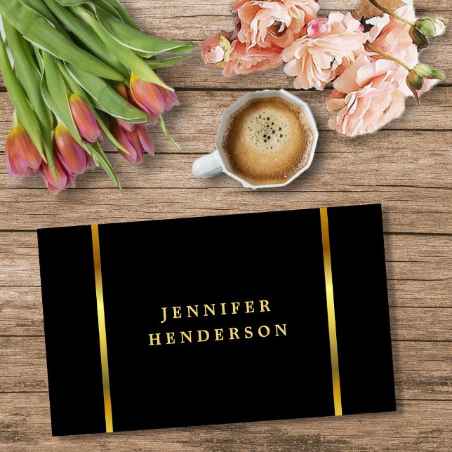 Cartão De Visita Na moda, profissional moderno de preto e ouro (Modern stylish chic black and gold professional business card.)