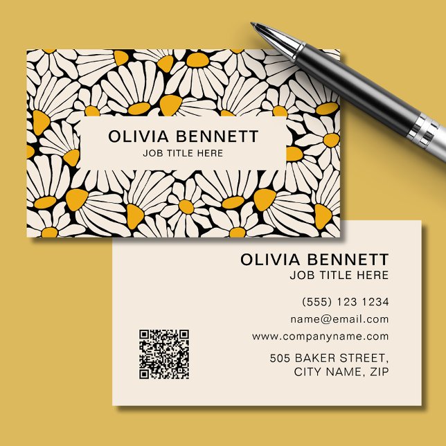 Cartão De Visita Na moda Retro Mostarda Floral botânica (Stylish Retro Floral mustard botanical Business Card. Edit online and add your own QR code.)