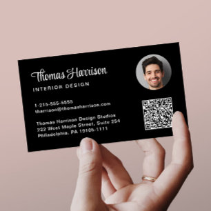 Cartão De Visita Na moda Script Professional QR Code Photo Black