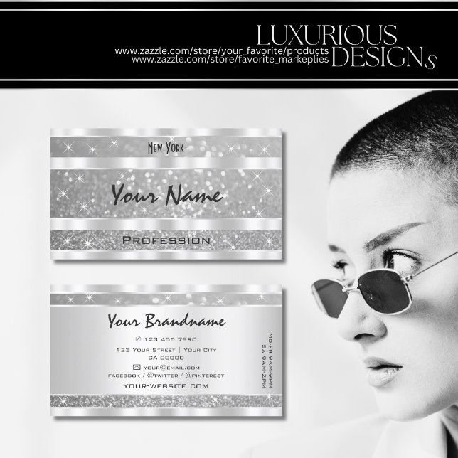 Cartão De Visita Na moda Silver Glitter Espumante Estrelas de Olho (Criador carregado)