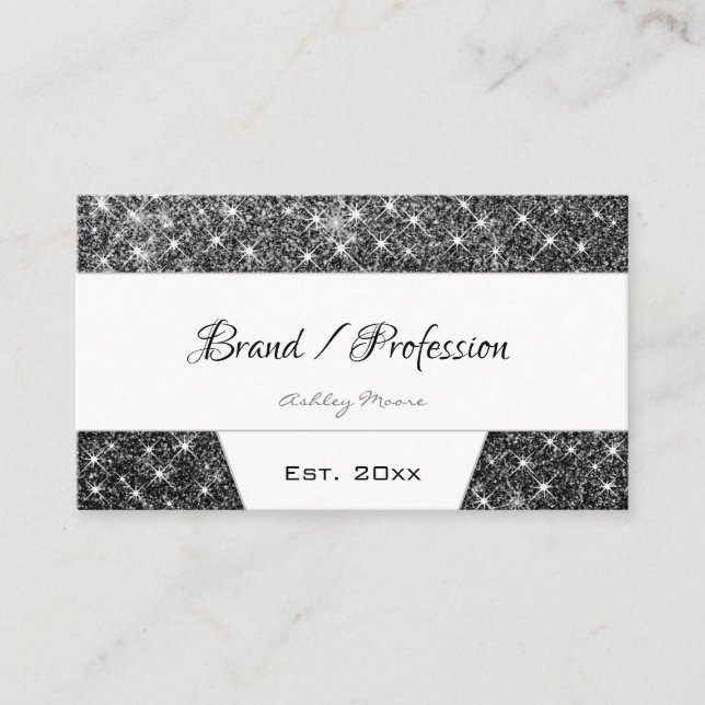 Cartão De Visita Na moda Silver Glitter Shimmery Preto e Branco (Frente)