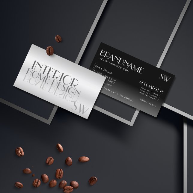 Cartão De Visita Na moda Silver Mirror Letters com Monograma Modern (Criador carregado)