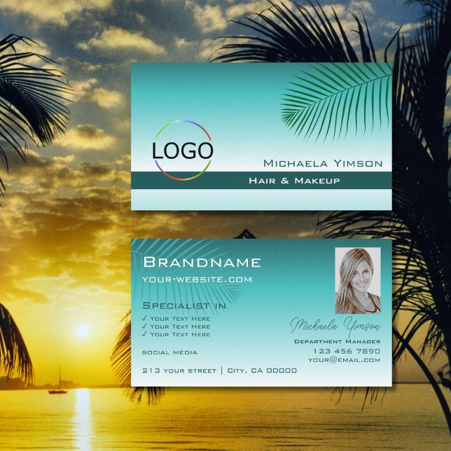 Cartão De Visita Na moda Teal Gradient Palm Leaf Logo e Foto (Criador carregado)