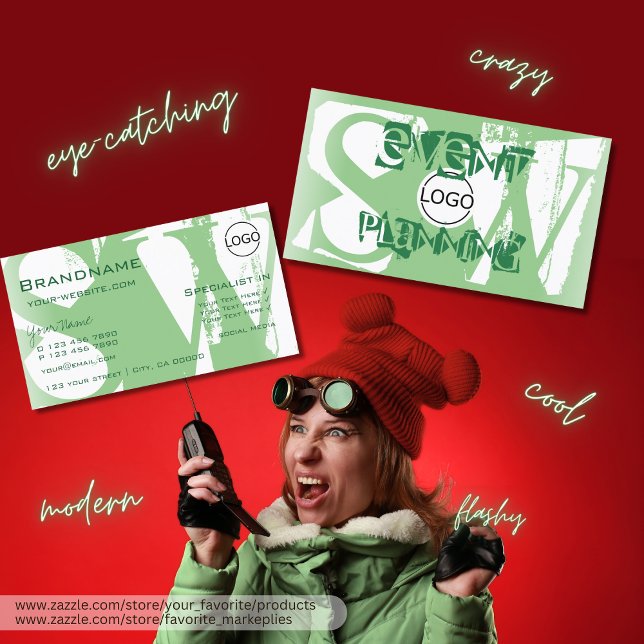 Cartão De Visita Na moda Verde com logotipo e monograma (Criador carregado)