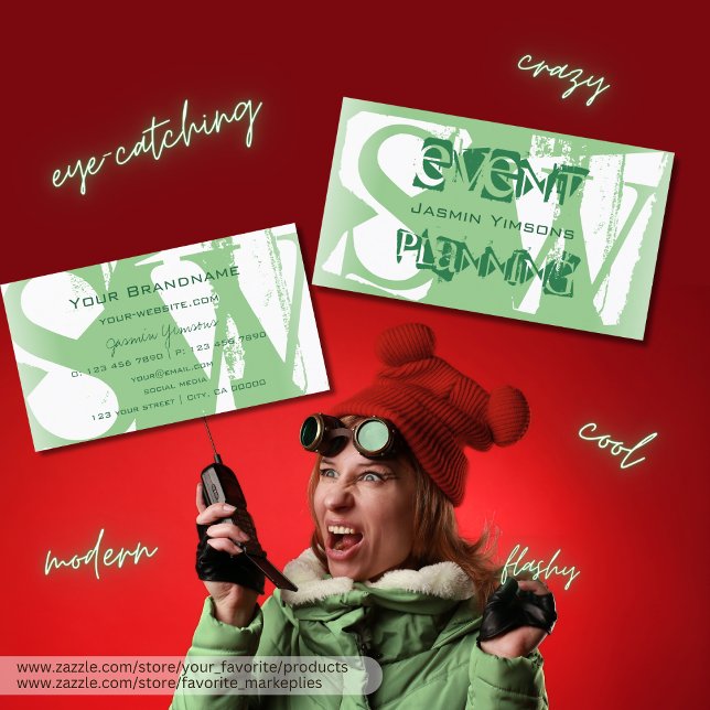 Cartão De Visita Na moda Verde e Branco com Monograma Moderno (Criador carregado)