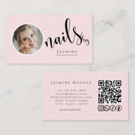 Cartão De Visita Nail Artist Blush Pink Photo QR Code Social Icons 