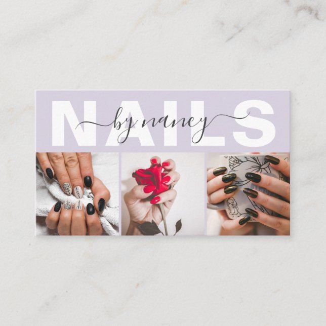 Cartão De Visita Nail Artist Photo Collage Qr Code Logo Lavender (Frente)