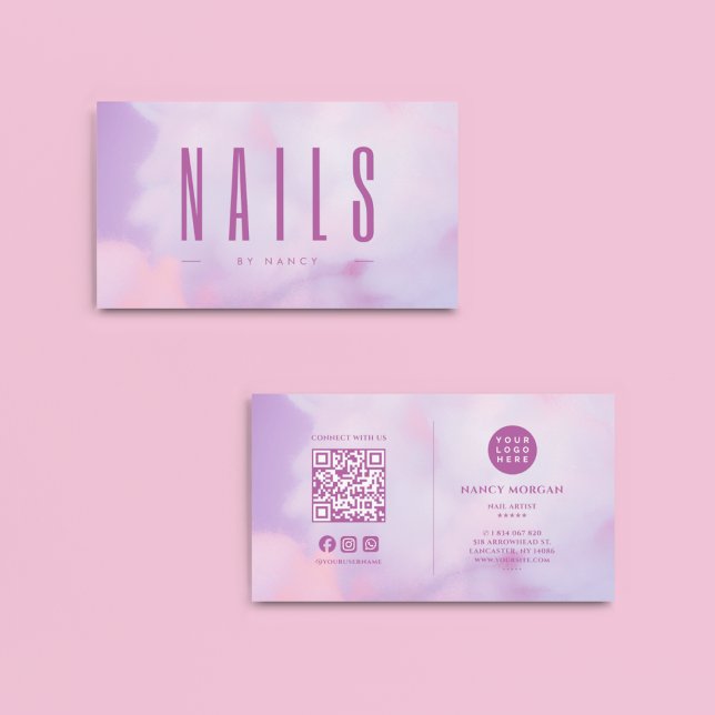 Cartão De Visita Nail Artist QR Code & Logo Holographic (Criador carregado)