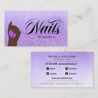 Cartão De Visita Nail Manicure Tech Purple Glam Glitter Nail Salon