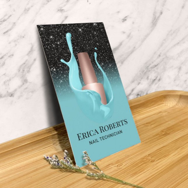 Cartão De Visita Nail Salon Black & Turquoise Polonês Makeup Artist (Criador carregado)