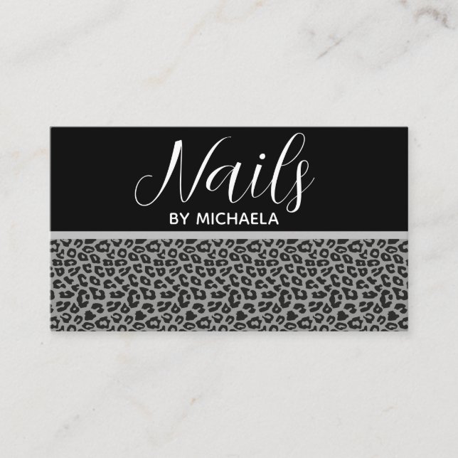 Cartão De Visita Nail Salon Girly Black Cinza Lepard Animal Print (Frente)