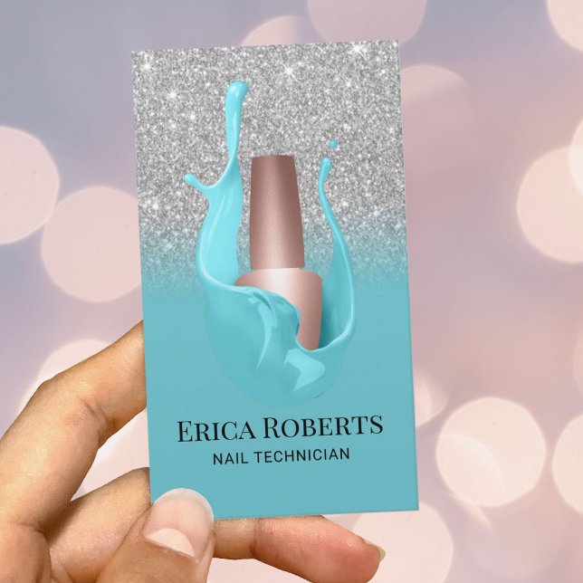 Cartão De Visita Nail Salon Silver & Turquoise Polonês Makeup Artis (Criador carregado)
