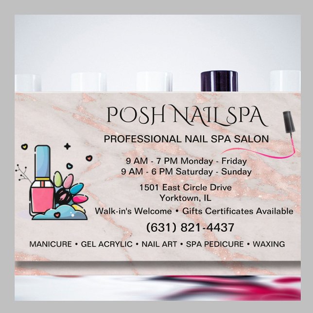 Cartão De Visita Nail Salon Spa Technician Blush Rosa Marble (Criador carregado)