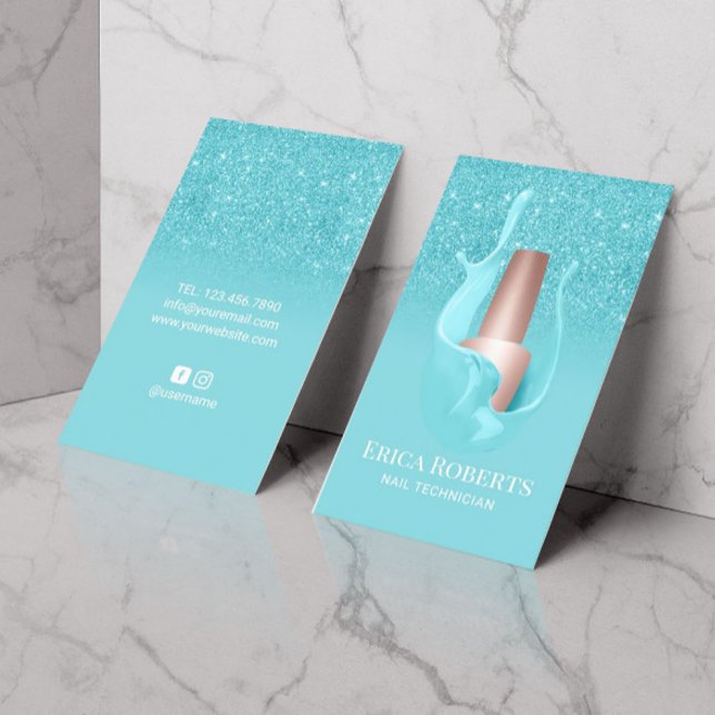 Cartão De Visita Nail Salon Turquoise Polonês Splash Makeup Artista (Criador carregado)