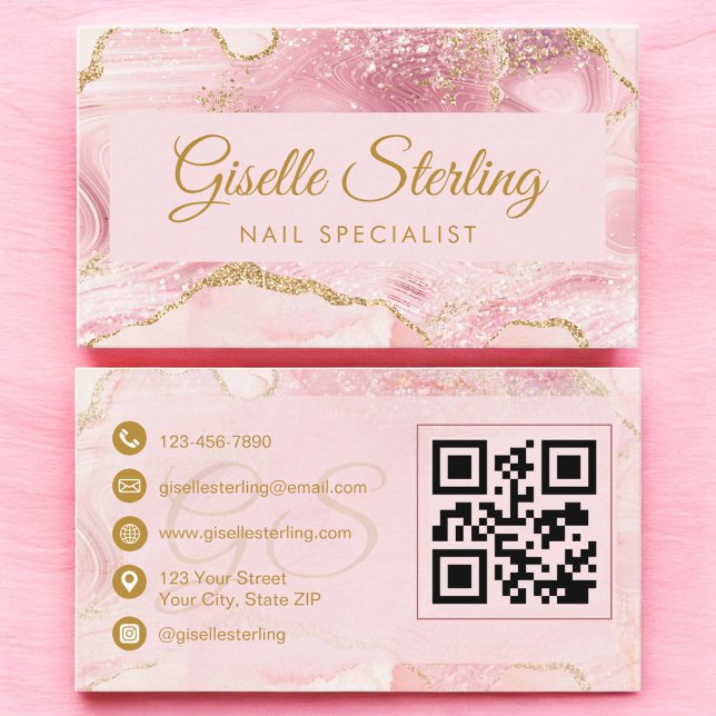Cartão De Visita Nail Specialist Blush Pink Gold Agate QR Code (Criador carregado)