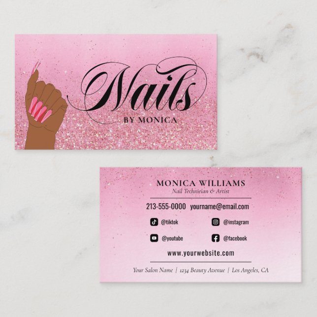 Cartão De Visita Nail Tech Manicurist Rosa Red Glam Glitter Salon (Frente/Verso)