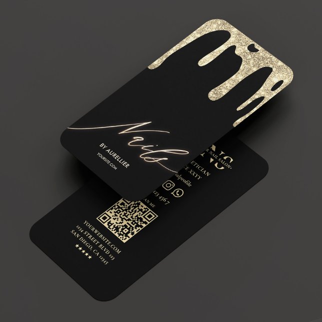 Cartão De Visita Nail Tech Nail Artist Black Dourado Drin Modern (Nail Tech Nail Artist Black Gold Drip Modern Business Card
)