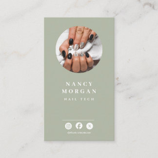Cartão De Visita Nail Tech Qr Code Photo Sage Green 