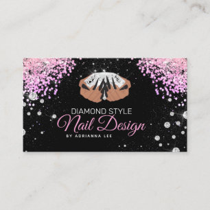 Cartão De Visita Nail Technician Diamond Glitter Pink & Black Salon