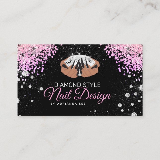 Cartão De Visita Nail Technician Diamond Glitter Pink & Black Salon (Frente)