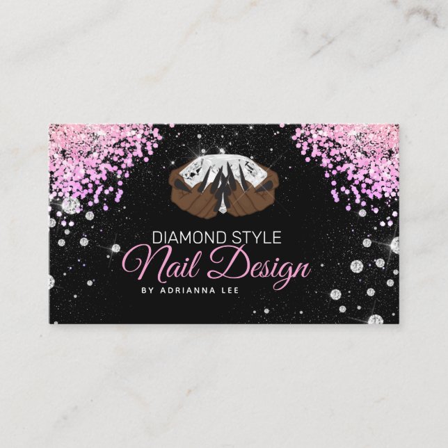 Cartão De Visita Nail Technician Diamond Glitter Pink & Black Salon (Frente)