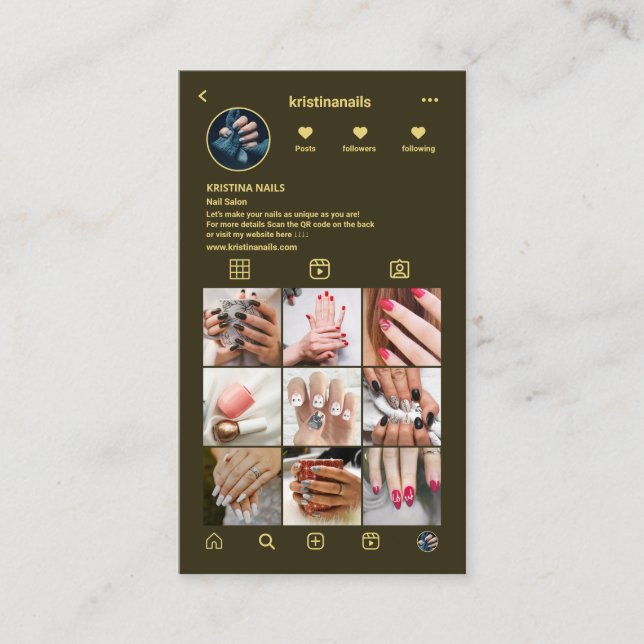 Cartão De Visita Nail Technician Instagram Foto Collage Dark Green (Frente)