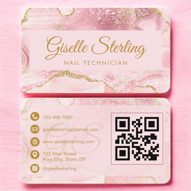 Cartão De Visita Nail Technician Pink Gold Agate QR Code (Criador carregado)