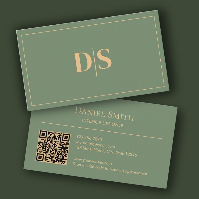 Cartão De Visita Natural Minimalist Muted Green Initials QR Code (Modern minimalist muted green professional business card)