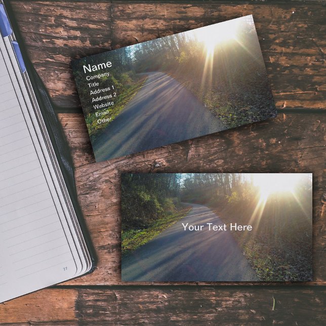 Cartão De Visita Nature Woods Path Sun Rays Grass (Photo of sunlit path thru woods with trees on business cards.)