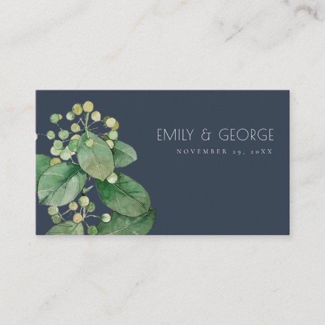 CARTÃO DE VISITA NAVY BERRY LEAFY FOLIAGE GREENERY WEDDING WEBSITE (Frente)
